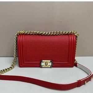 Chanel Le Boy Flap Bag Red Cube Embossed Lambskin Leather Medium (2014)